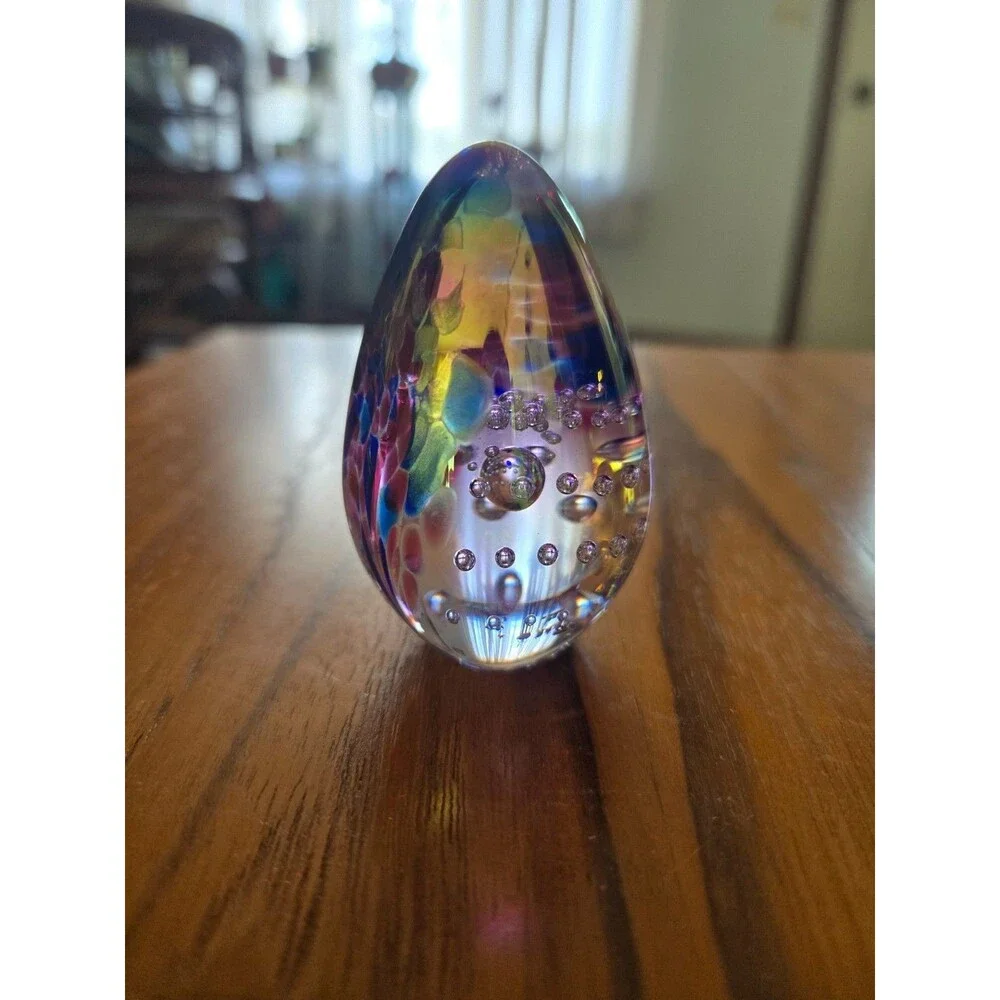 Vtg. 1991 Glass Eye Studio GES Iridescent Egg-Shaped Paperweight Signed